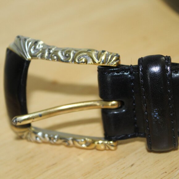 Fossil Black Leather Belt with Ornate Silver Hardware M - Picture 3 of 12